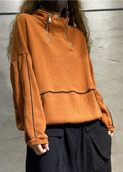 French Orange Stehkragen Zip Up Patchwork Sweatshirts Top Spring