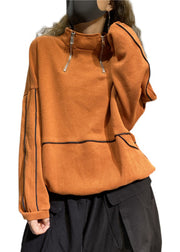 French Orange Stehkragen Zip Up Patchwork Sweatshirts Top Spring