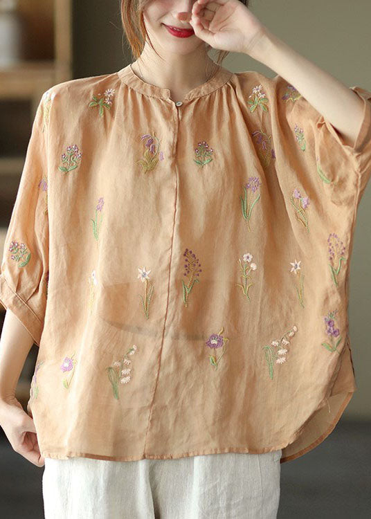 French Orange low high design O-Neck Embroidered Linen Tops Half Sleeve