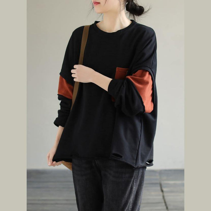 French Patchwork cotton Spring Long Shirts Work Outfits Black blouses - bagstylebliss