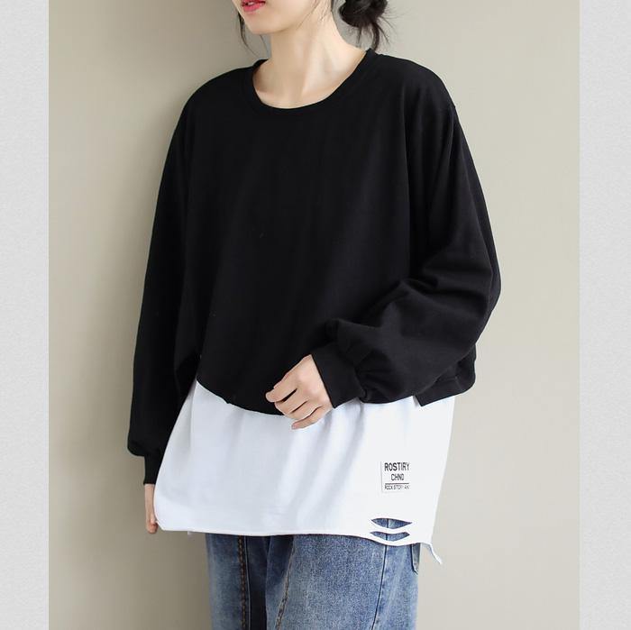French Patchwork cotton SpringBlouse Neckline Black Shirts - bagstylebliss