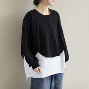 French Patchwork cotton SpringBlouse Neckline Black Shirts - bagstylebliss