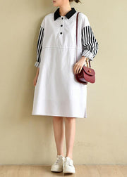 French Peter Pan Collar Striped Dresses Big Hem Cotton Dress - bagstylebliss