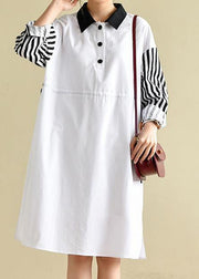 French Peter Pan Collar Striped Dresses Big Hem Cotton Dress - bagstylebliss