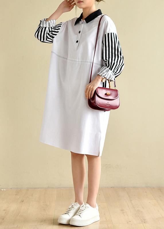 French Peter Pan Collar Striped Dresses Big Hem Cotton Dress - bagstylebliss