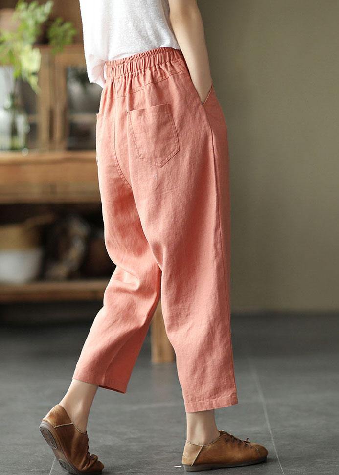 French Pink Casual Loose Patchwork Summer Linen Pants - bagstylebliss
