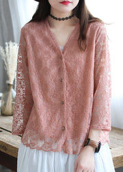 French Pink Embroideried Cotton Loose Cardigans Long Sleeve