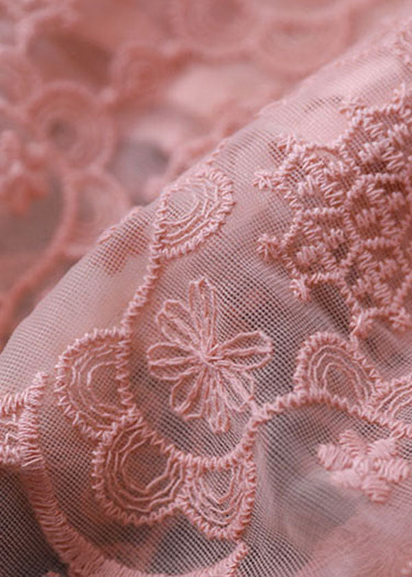 French Pink Embroideried Cotton Loose Cardigans Long Sleeve