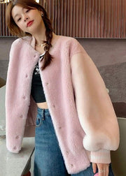 French Pink O-Neck Patchwork Button Woolen Coats Winter