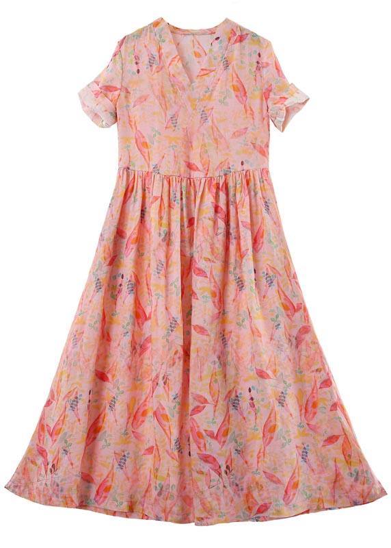 French Pink Print High Waist Summer Linen Dress - bagstylebliss