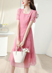 French Pink Square Collar Tie Waist Cotton Dress Short Sleeve