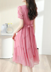 French Pink Square Collar Tie Waist Cotton Dress Short Sleeve