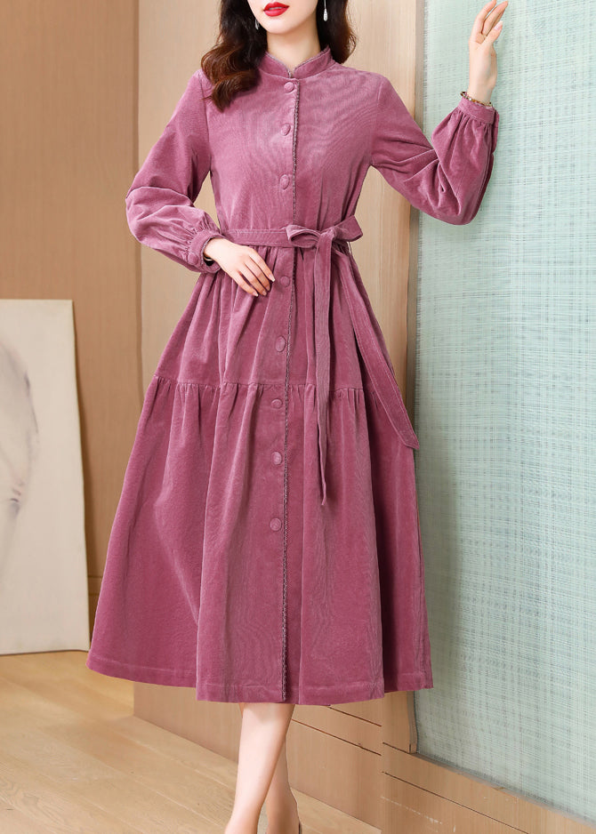 French Pink Stand Collar Tie Waist Patchwork Corduroy Dresses Fall