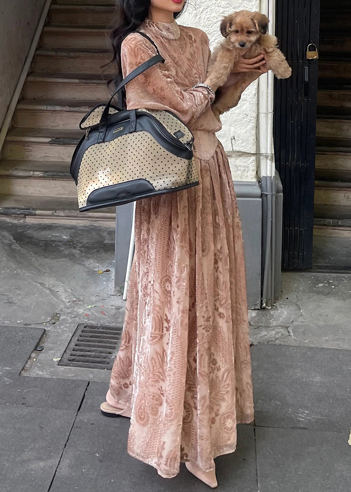 French Pink Turtleneck Print Silk Velvet Long Dress Long Sleeve