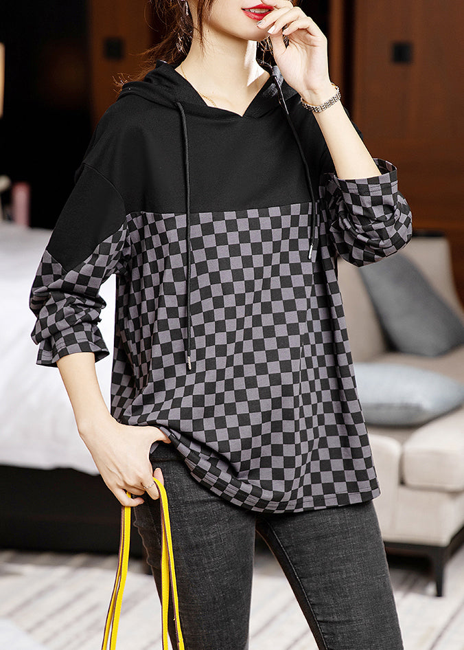 French Plaid Hooded Patchwork Cotton Top Long Sleeve