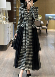 French Plaid Tie Waist Tulle Patchwork Long Trench Coat Fall