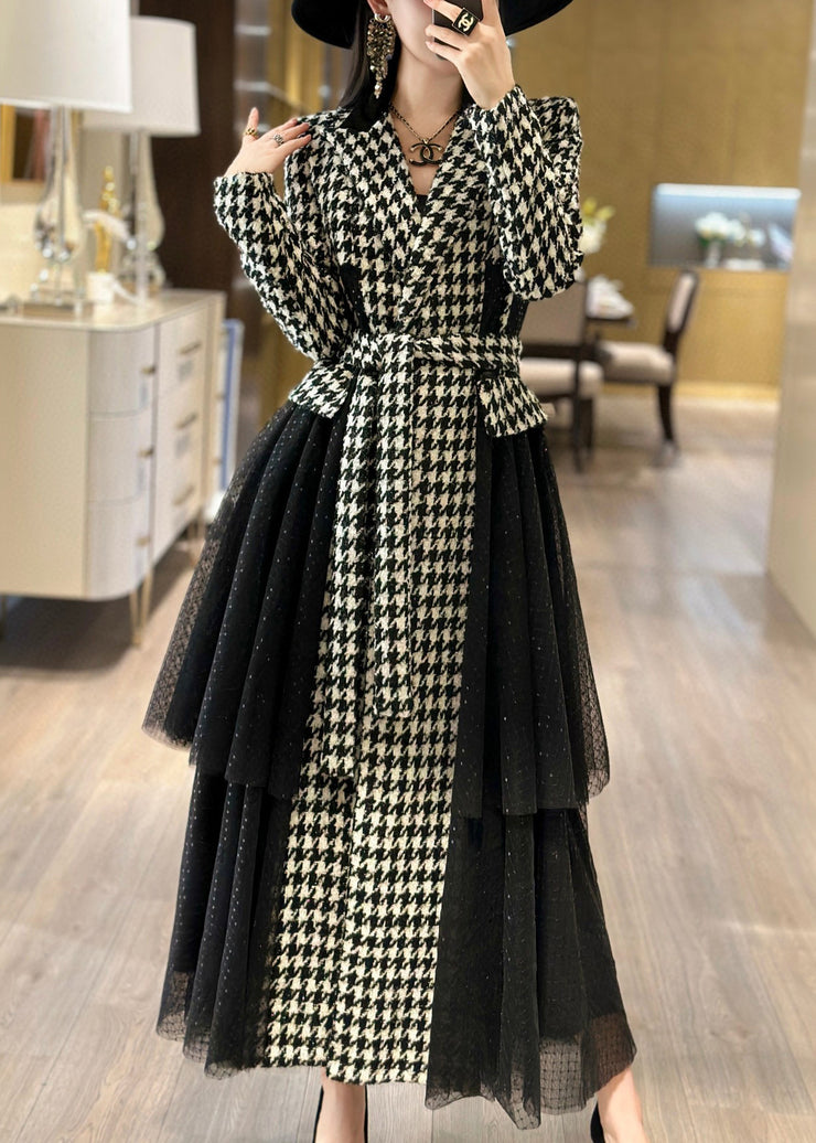 French Plaid Tie Waist Tulle Patchwork Long Trench Coat Fall