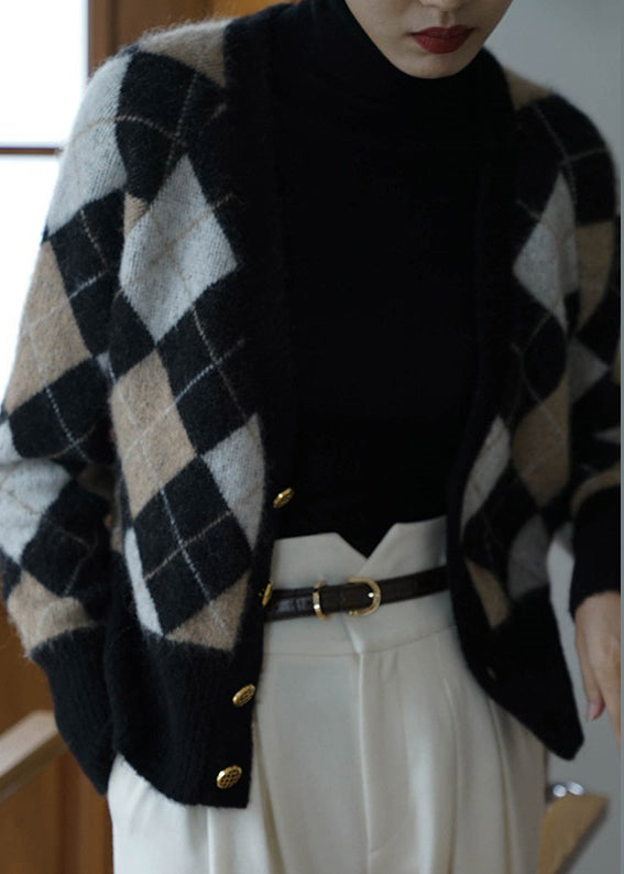 French Plaid V Neck Button  Knit Coats Long Sleeve