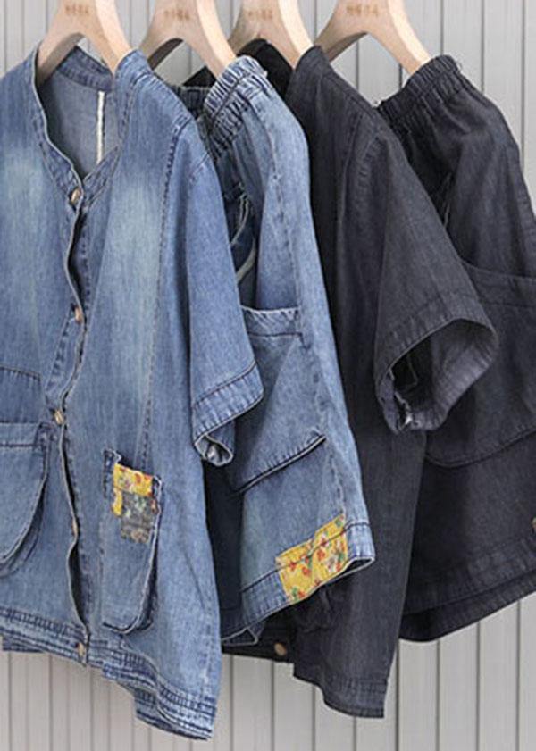 French Pockets hot pants Denim Black Short Sleeve Two Pieces Set - bagstylebliss