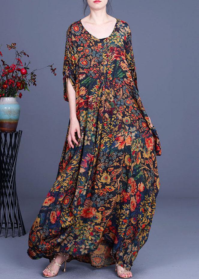 French Print O-Neck long sleeve Silk Dresses Summer - bagstylebliss