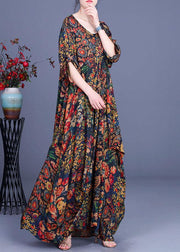 French Print O-Neck long sleeve Silk Dresses Summer - bagstylebliss