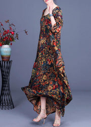 French Print O-Neck long sleeve Silk Dresses Summer - bagstylebliss