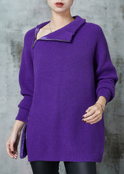 French Purple Asymmetrical Side Open Knit Sweater Spring