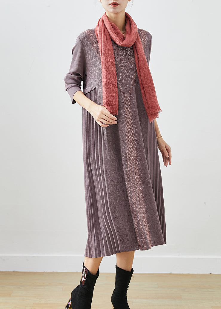 French Purple Grey Jacquard Knit Maxi Pleated Dresses Fall