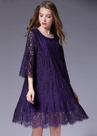 French Purple Half Sleeve Casual Spring Floral Vacation Dresses Half Sleeve - bagstylebliss