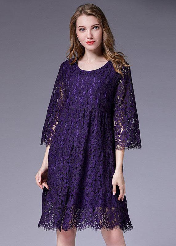 French Purple Half Sleeve Casual Spring Floral Vacation Dresses Half Sleeve - bagstylebliss