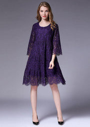 French Purple Half Sleeve Casual Spring Floral Vacation Dresses Half Sleeve - bagstylebliss