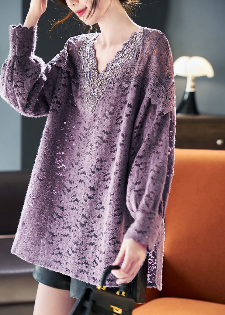 French Purple Hollow Out Patchwork Lace Shirt Spring