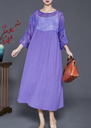 French Purple Oversized Patchwork Linen Long Dress Bracelet Sleeve