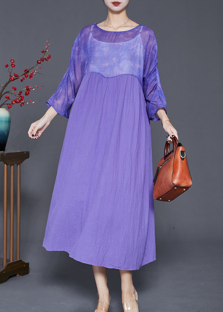 French Purple Oversized Patchwork Linen Long Dress Bracelet Sleeve