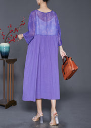 French Purple Oversized Patchwork Linen Long Dress Bracelet Sleeve