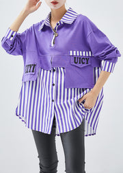 French Purple Oversized Patchwork Striped Cotton Sweatshirt Fall