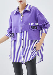 French Purple Oversized Patchwork Striped Cotton Sweatshirt Fall