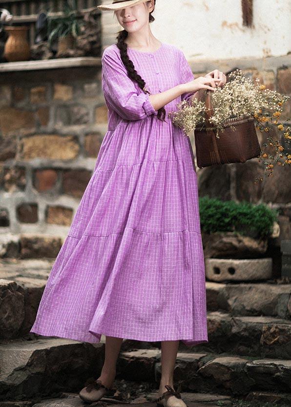 French Purple Plaid Clothes O Neck Patchwork Maxi Spring Dresses - bagstylebliss