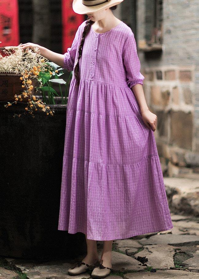 French Purple Plaid Clothes O Neck Patchwork Maxi Spring Dresses - bagstylebliss