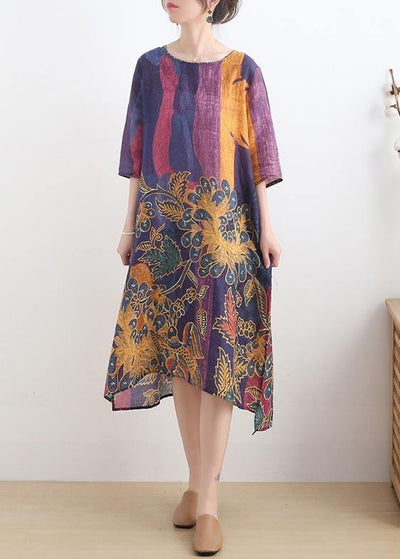 French Purple Print side open Summer Ramie Linen Dress - bagstylebliss