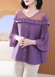 French Purple Ruffled Patchwork Nail Bead Tops Lantern Sleeve