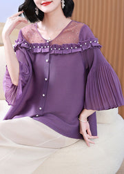 French Purple Ruffled Patchwork Nail Bead Tops Lantern Sleeve