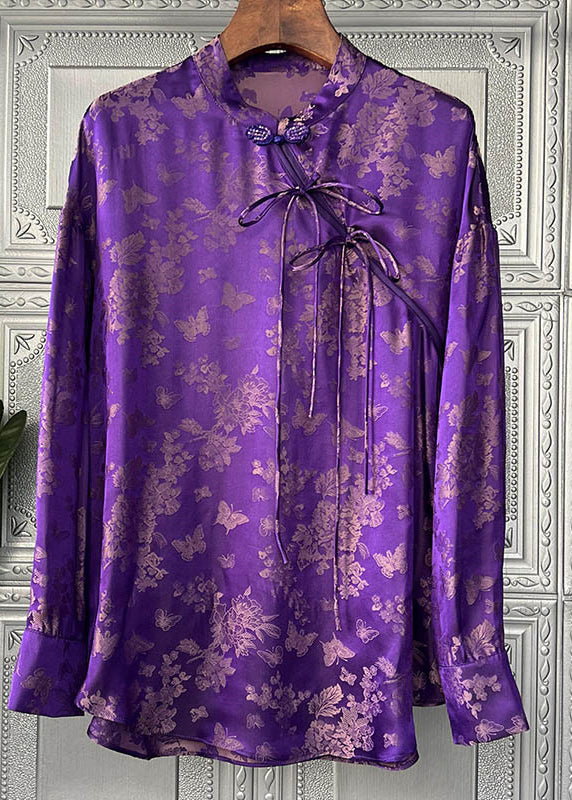 French Purple Stehkragen Print Bow Silk Shirt Tops Langarm