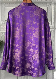 French Purple Stehkragen Print Bow Silk Shirt Tops Langarm