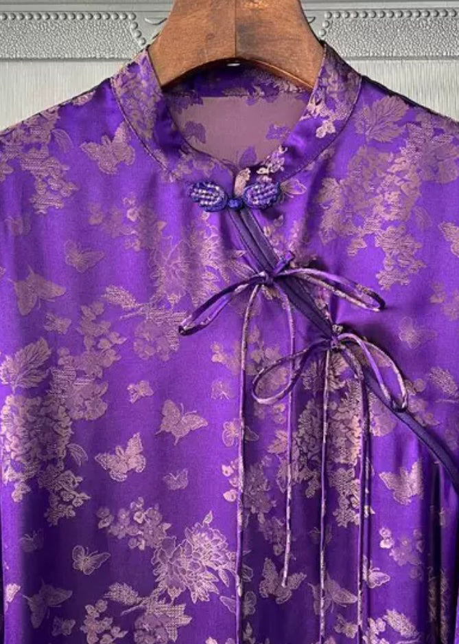 French Purple Stehkragen Print Bow Silk Shirt Tops Langarm