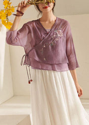 French Purple Tie Waist Embroideried Summer Top - bagstylebliss