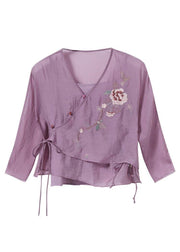 French Purple Tie Waist Embroideried Summer Top - bagstylebliss