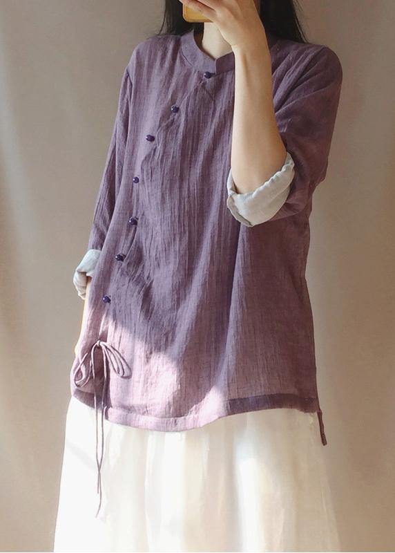 French Purple Tops Women Blouses Stand Collar Button Down Clothing Blouse - bagstylebliss