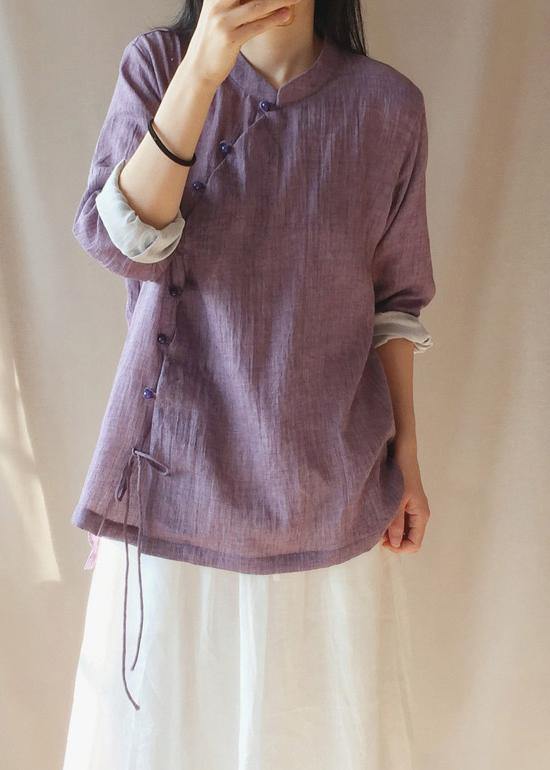 French Purple Tops Women Blouses Stand Collar Button Down Clothing Blouse - bagstylebliss