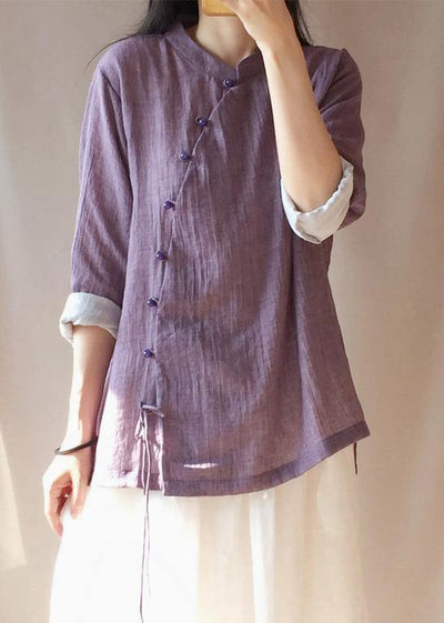 French Purple Tops Women Blouses Stand Collar Button Down Clothing Blouse - bagstylebliss
